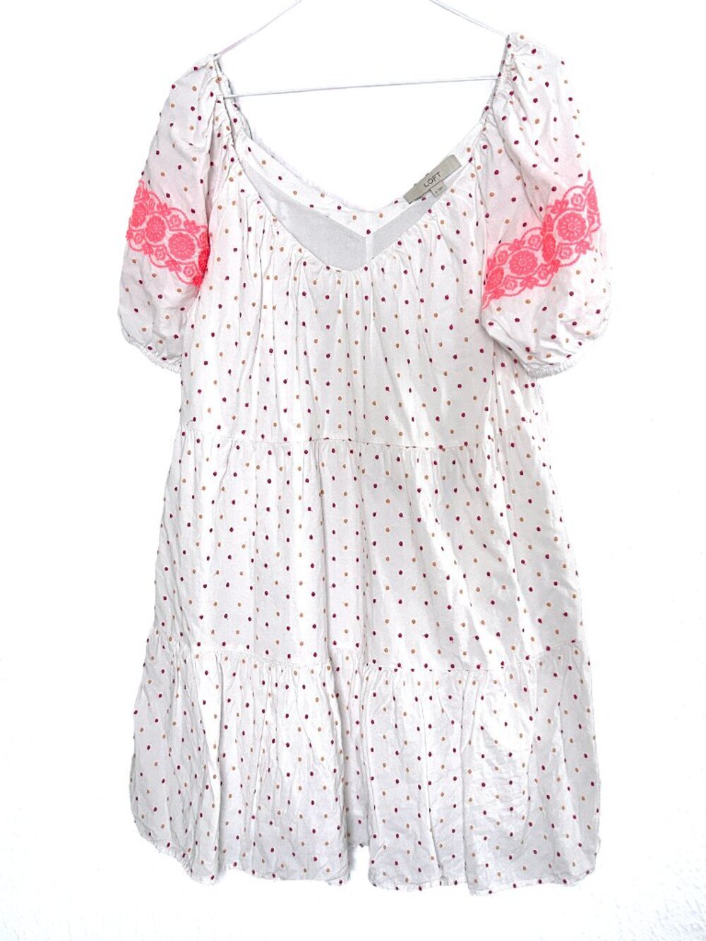 LOFT Polka Dot Embroidered Tiered Swing Dress Puff Sleeve Women's Size M